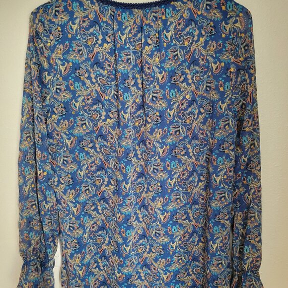 Daniel Rainn Women's Blue Gold Floral Paisley Top Blouse with Gold Shimmer - Picture 4 of 5